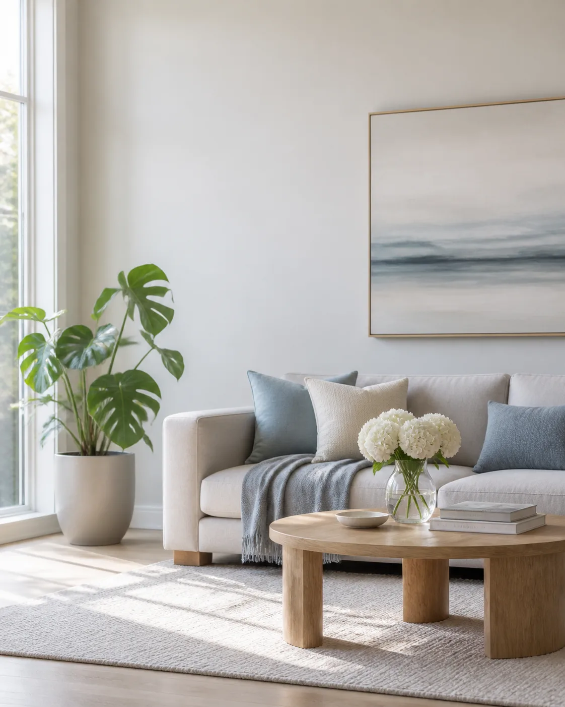 A sunlit living room with a light grey sofa, blue and cream throw pillows, a round oak coffee table with white hydrangeas, and a monstera plant beside a large window
